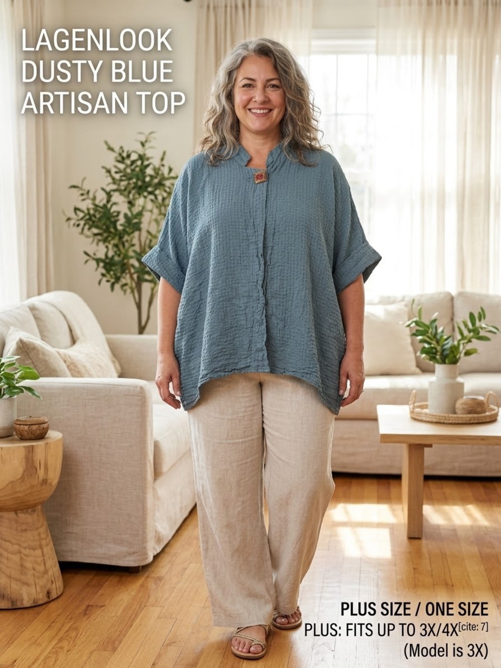 Lagenlook Dusty Blue/Green Waffle Crinkle Boxy Top Artisan Button Oversized